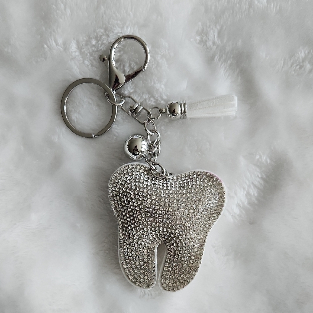 Silver Rhinestone Tooth Keychain Bag Charm